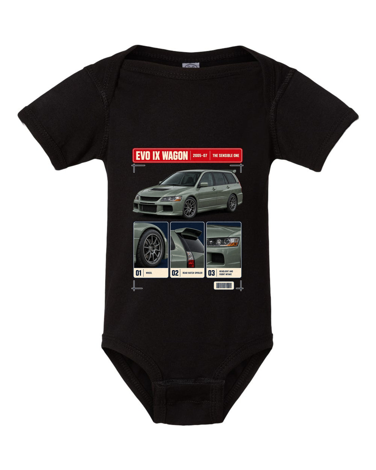 Mitsubishi Lancer Evolution IX Wagon GT three-quarter dossier panel print black baby onesie front view with the design