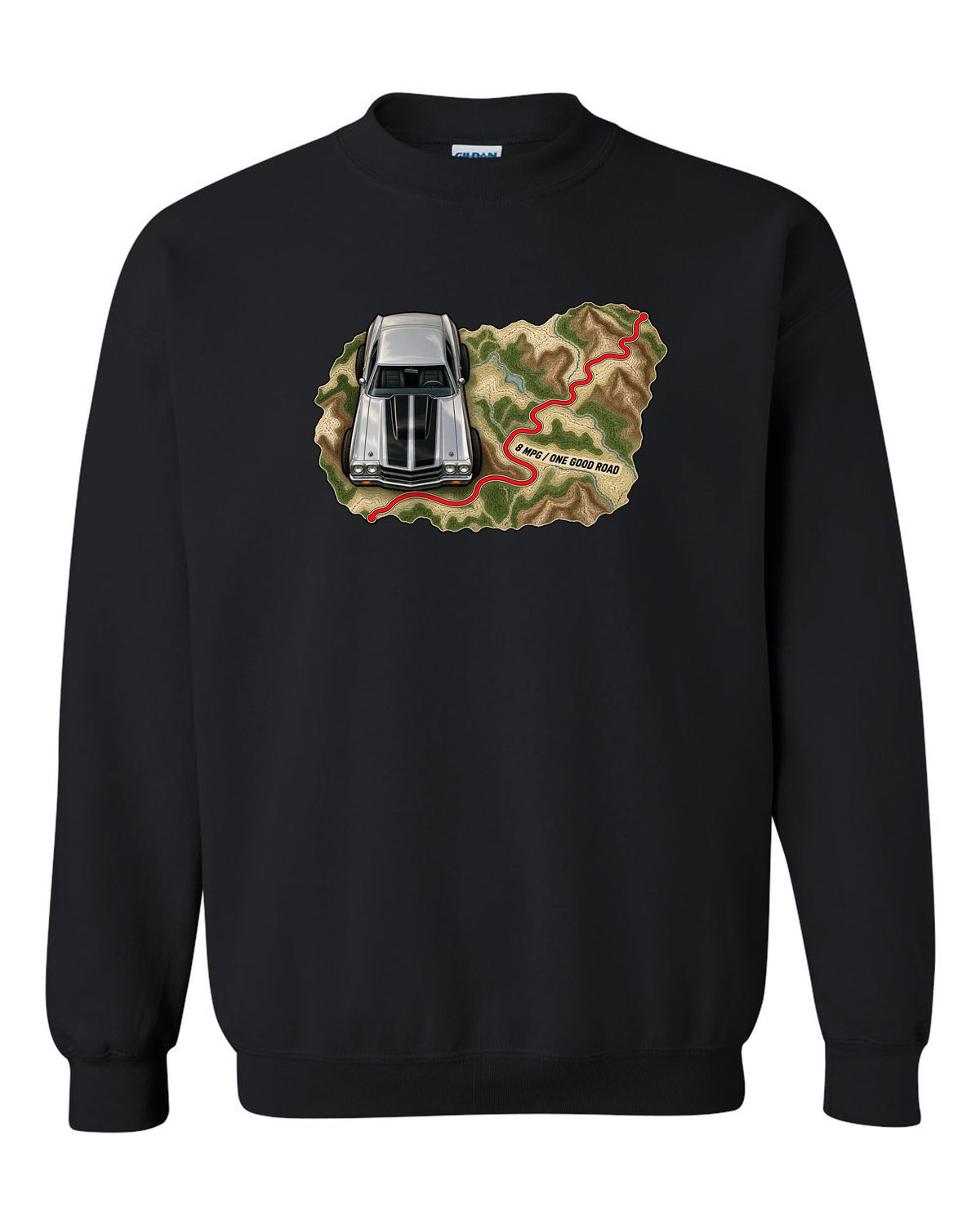 1970 Chevelle SS 454 on a topographic route map with the text 8 MPG One Good Road black crewneck front view with the design
