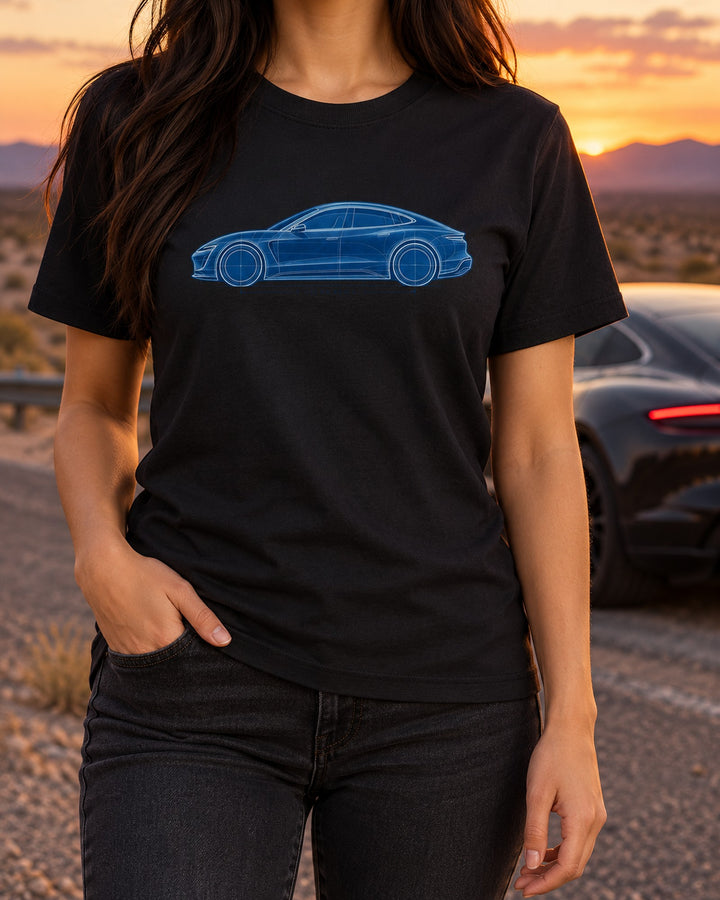 Porsche Taycan Turbo S 9J1 Regen Cyanotype Shirt, EV Gift T-Shirt Black worn hero