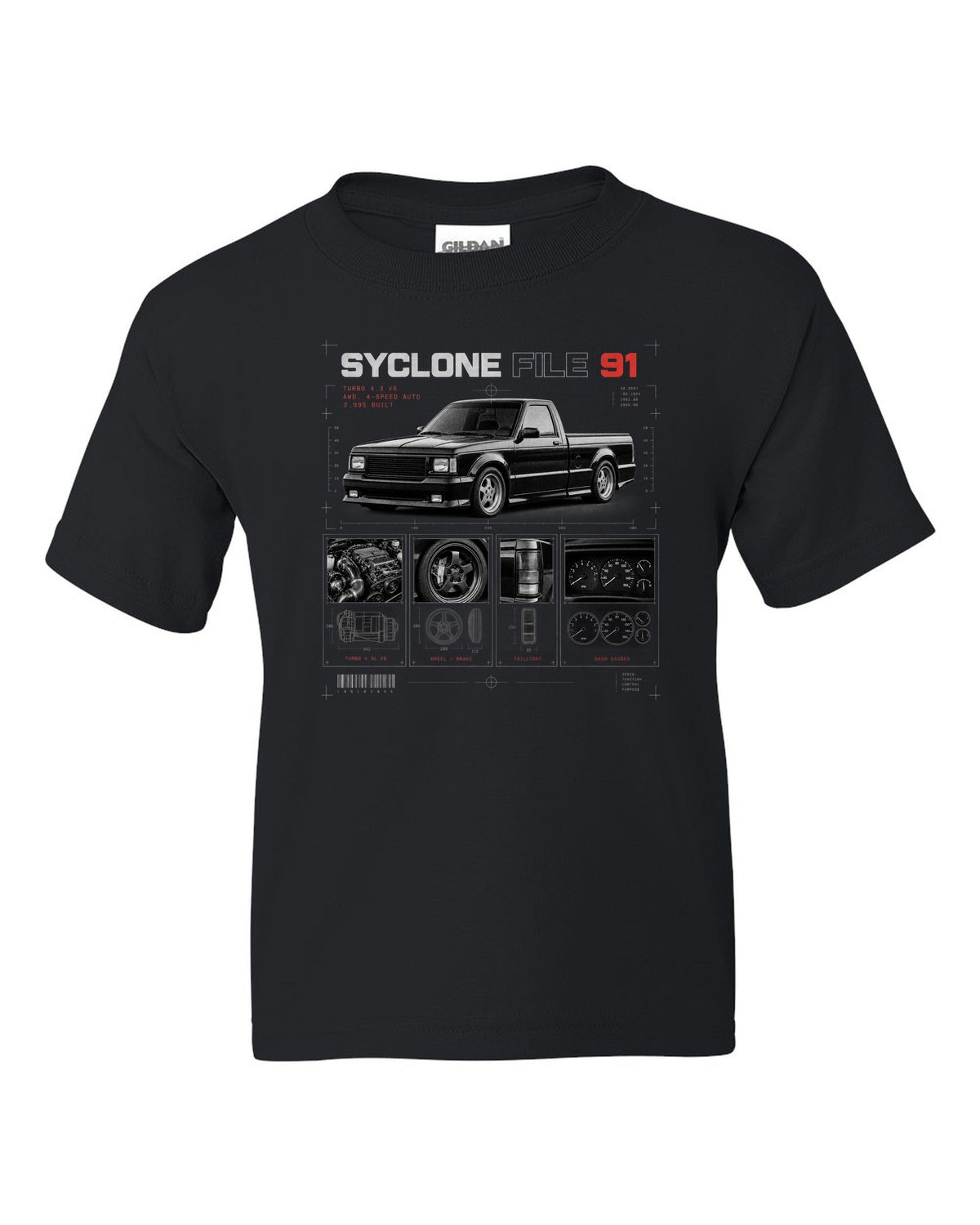 Dossier panel print of a 1991 GMC Syclone with turbo 4.3 V6 and 2,995 built text black kids tee front view with the design