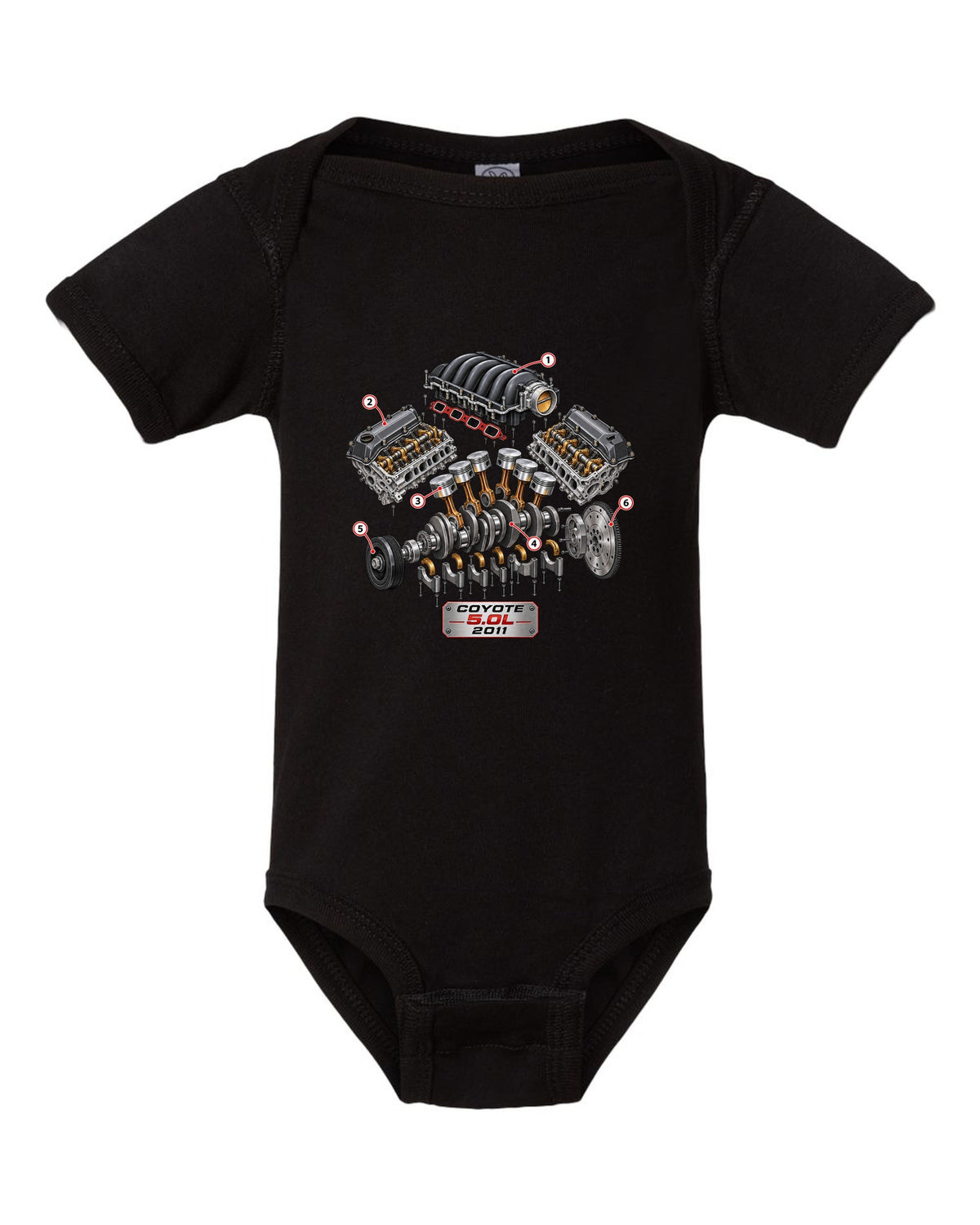 Isometric exploded cutaway of a Ford Coyote 5.0L engine for the S197 Mustang black baby onesie front view with the design
