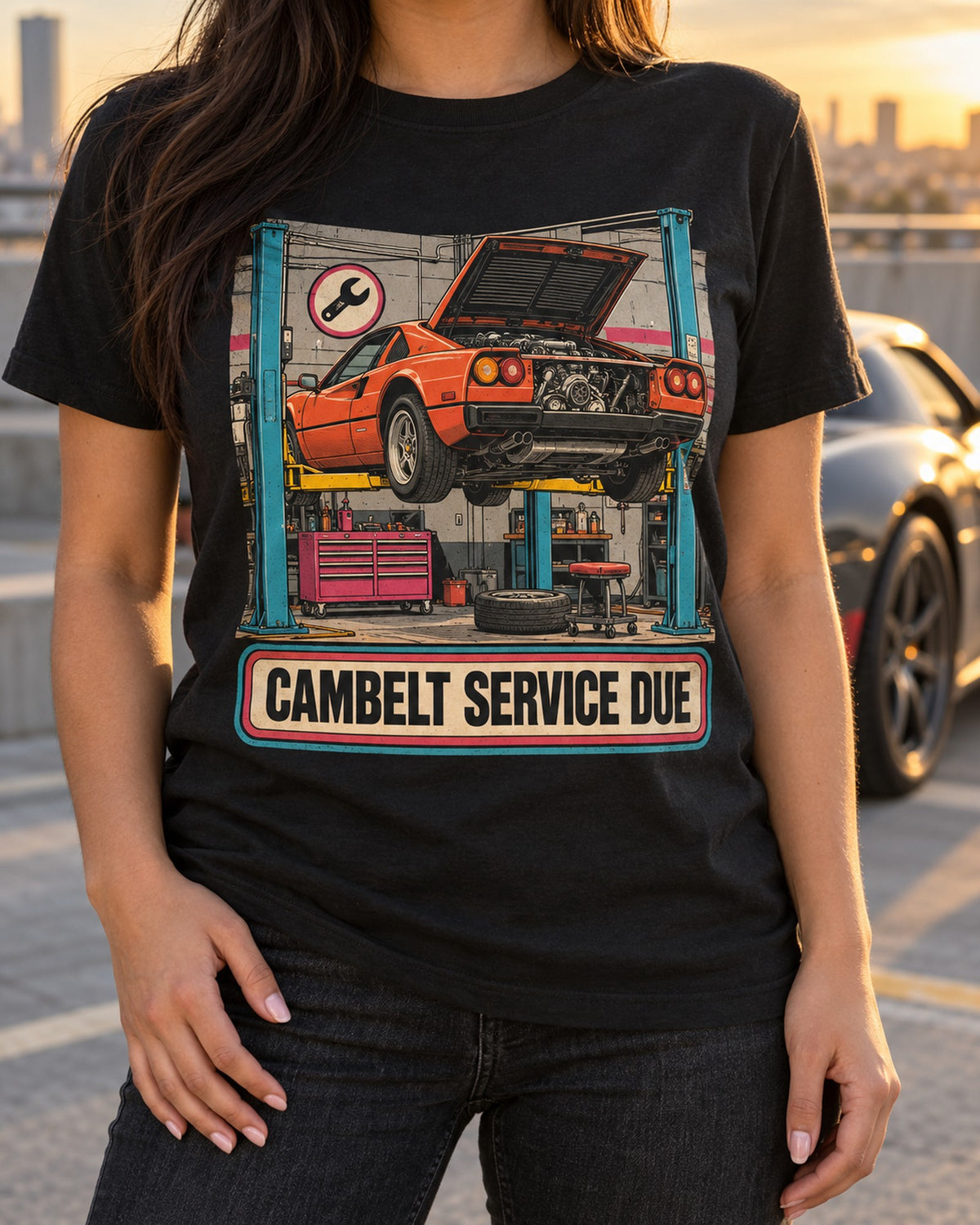 Ferrari 308 GTS Cambelt Service Due Riso Print Shirt T-Shirt Black worn hero