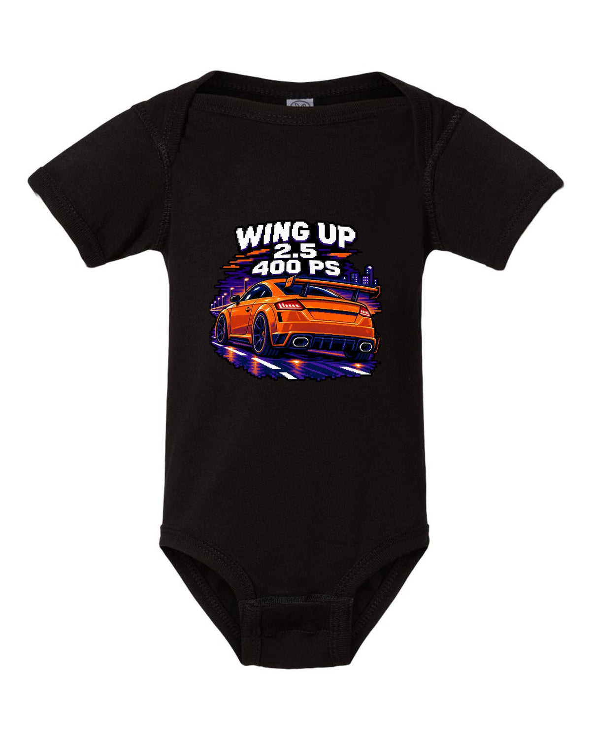 16-bit pixel art print of an Audi TT RS FV with rear wing up and 400 PS text black baby onesie front view with the design