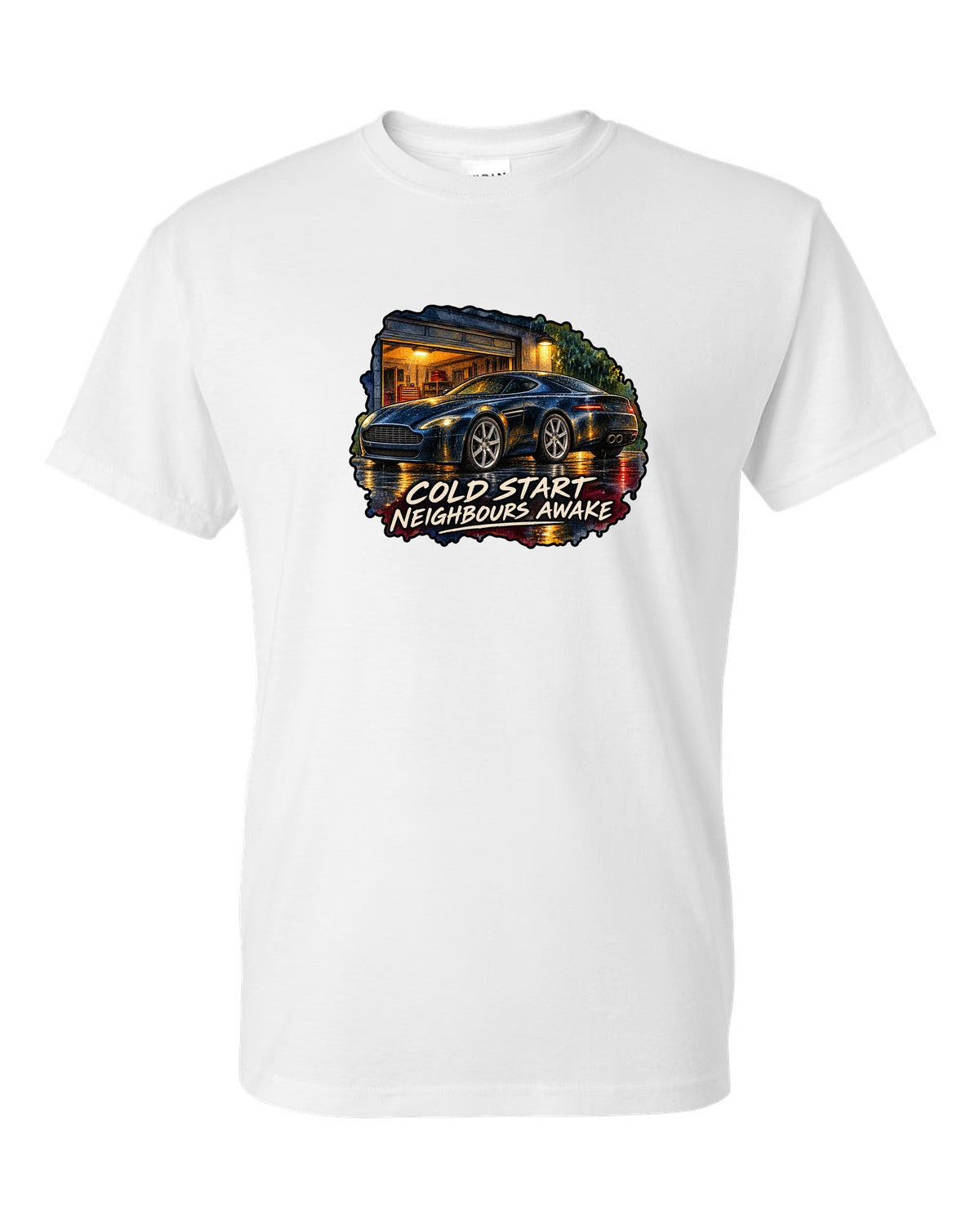 Aston Martin V8 Vantage watercolour wet-road night with COLD START NEIGHBOURS AWAKE white t-shirt front view with the design