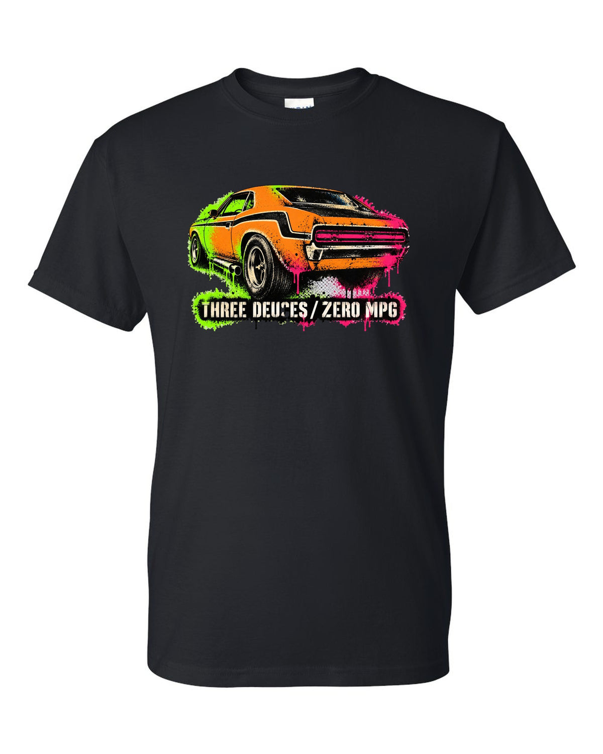 1970 Dodge Challenger T/A gas-station stencil spray paint print with Three Deuces Zero MPG text black t-shirt front view with the design