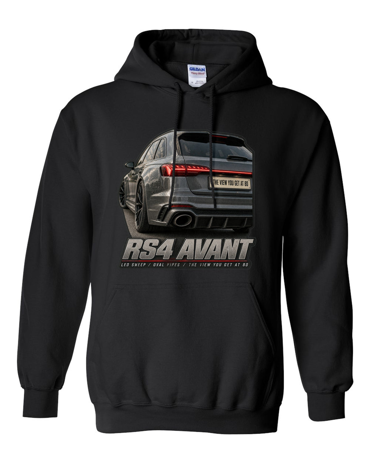 Audi RS4 Avant B9 rear taillight macro with LED sweep and oval pipes print black pull over hoodie front view with the design
