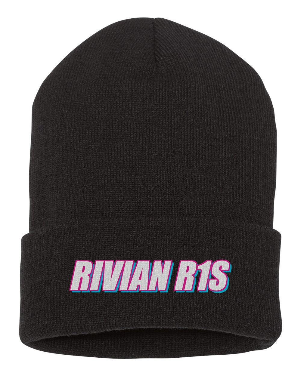 Rivian R1S black beanie front view with car name