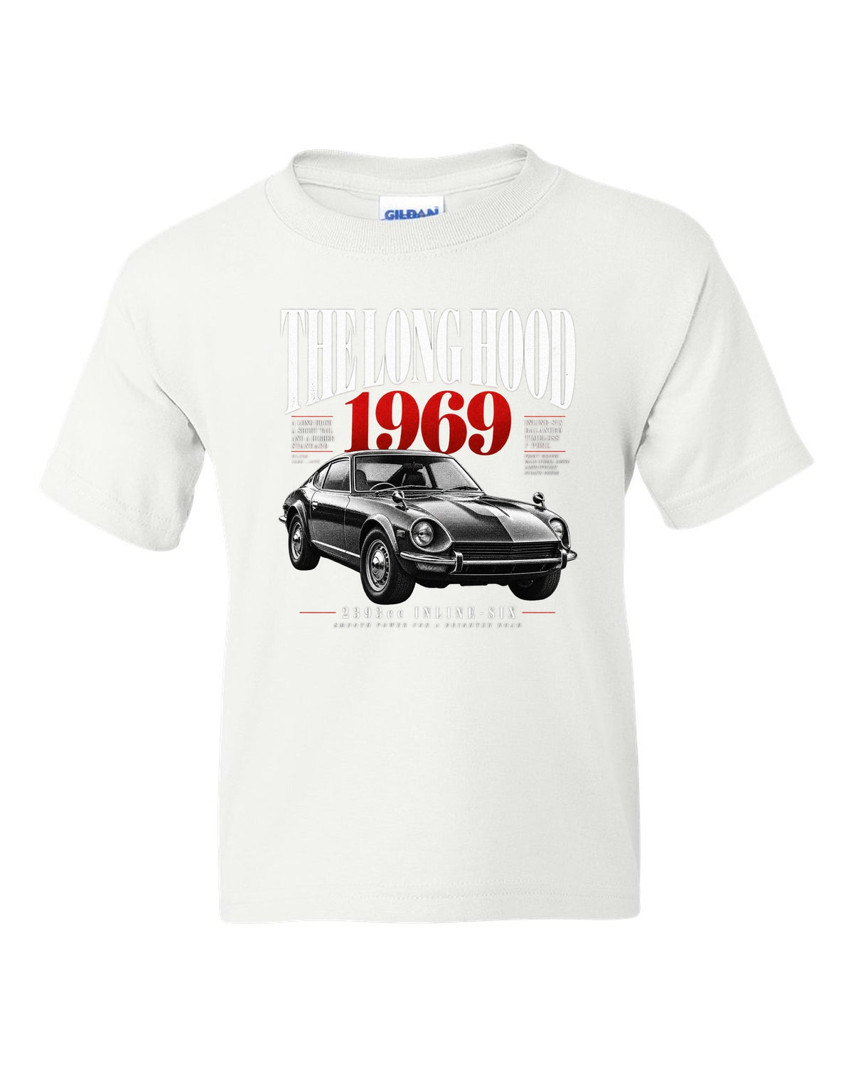 print of a Datsun 240Z HLS30 with editorial headline about the long hood and 2393cc inline-six white kids tee front view with the design