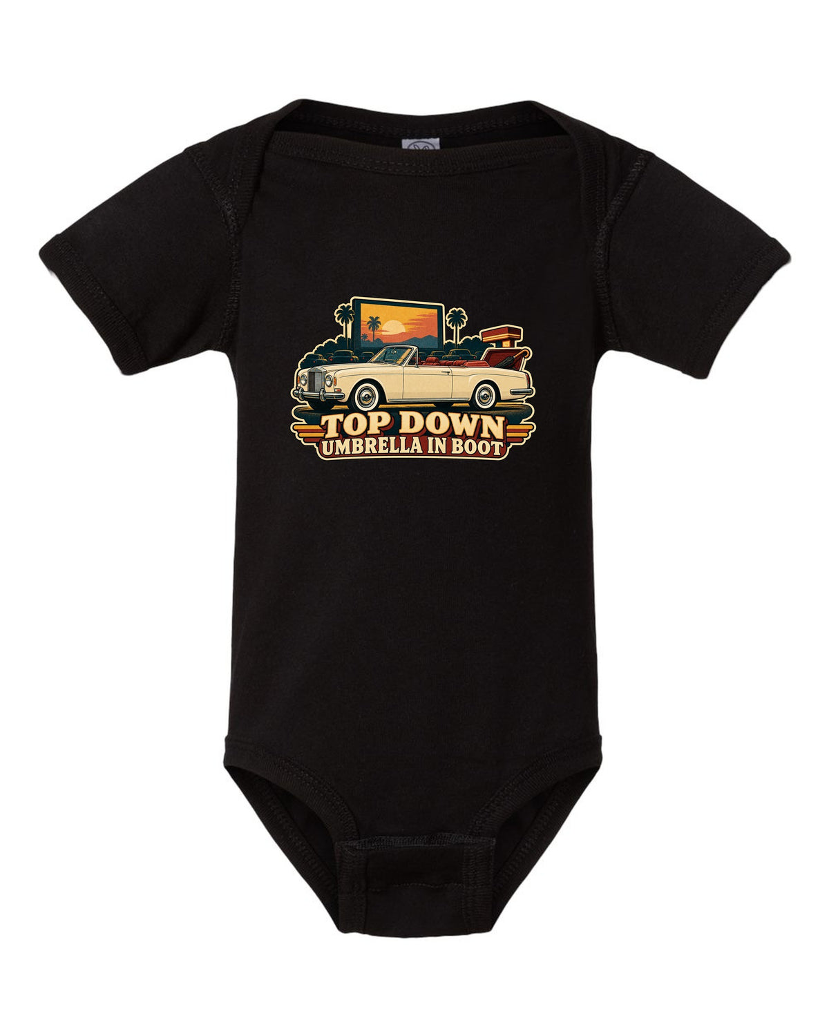 Retro Japanese showa catalogue style illustration of a 1971 Rolls-Royce Corniche convertible with TOP DOWN lettering black baby onesie front view with the design