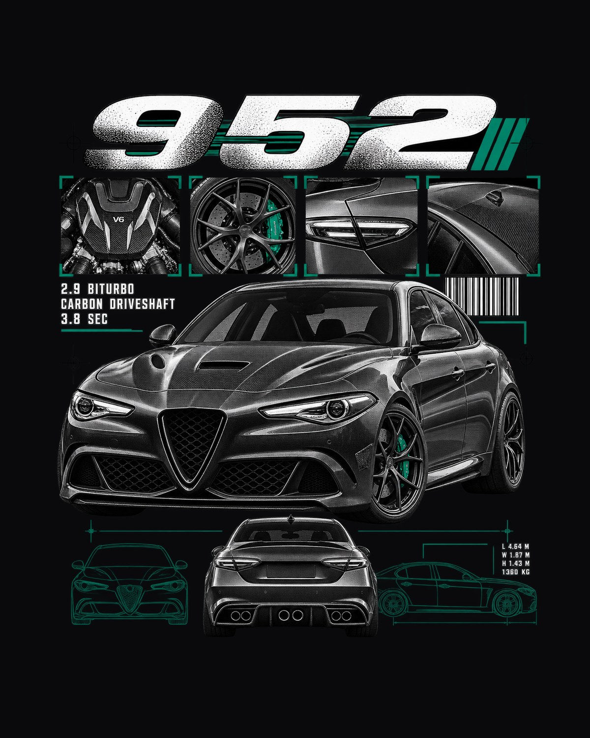 Alfa Romeo Giulia Quadrifoglio 952 Dossier Panels Tee, 2.9 Biturbo design only