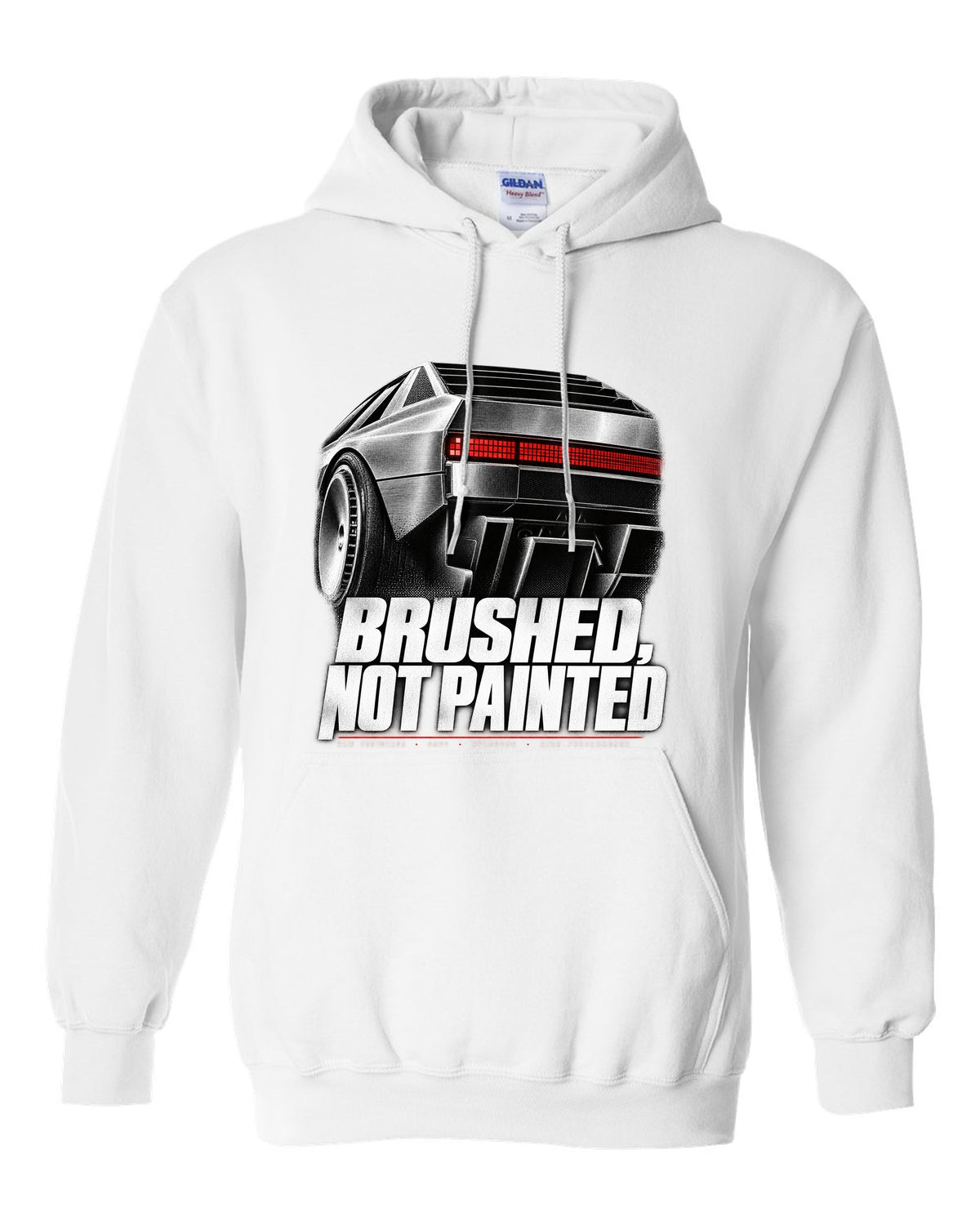 Hyundai N Vision 74 rear three-quarter macro print of pixel taillights white pull over hoodie front view with the design
