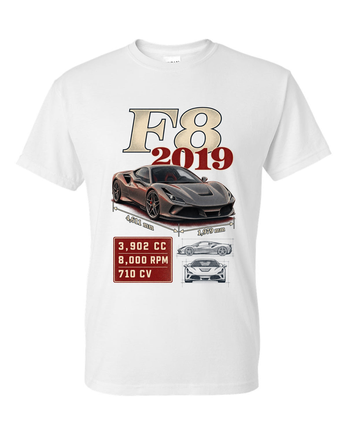Ferrari F8 Tributo archive panel print listing 3,902 cc, 8,000 rpm, 710 CV white t-shirt front view with the design