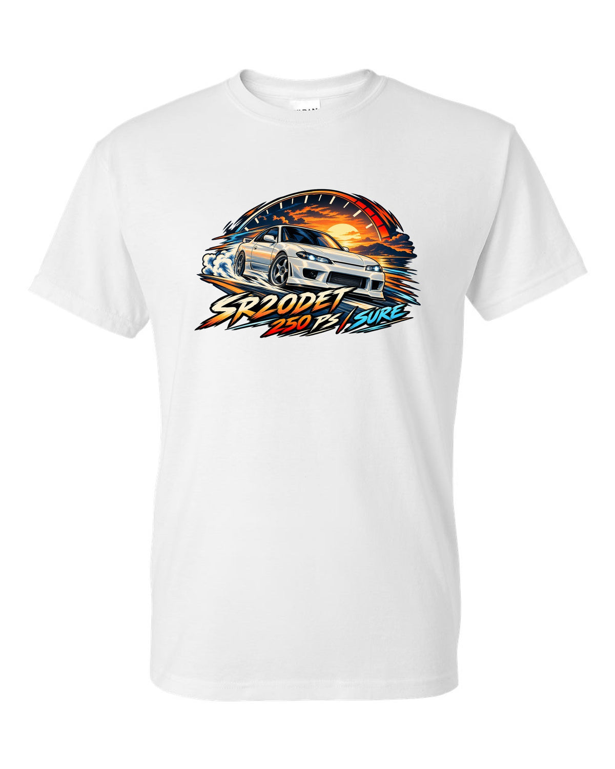 Cel-shaded anime print of a Nissan Silvia S15 with redline arc and SR20DET 250 PS text white t-shirt front view with the design