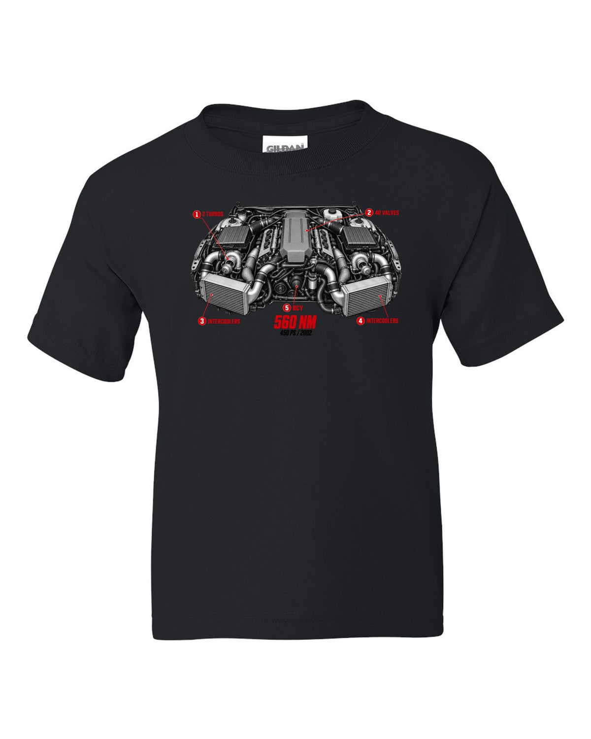 Audi RS6 Avant C5 BCY 4.2 biturbo engine with callouts and spec text black kids tee front view with the design