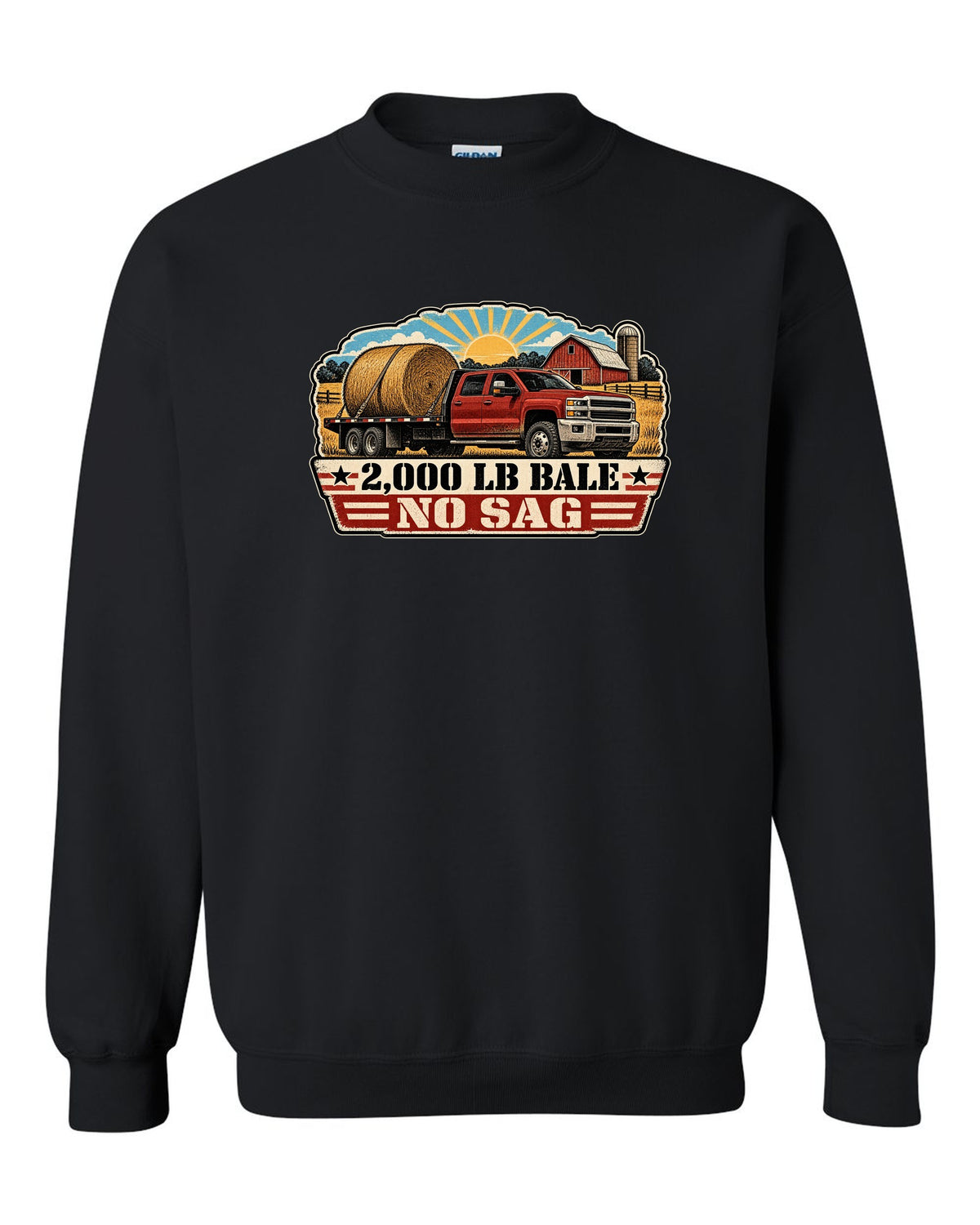 Distressed screen-print print of a 2010-2018 Ram 3500 6.7 Cummins hauling a round bale black crewneck front view with the design