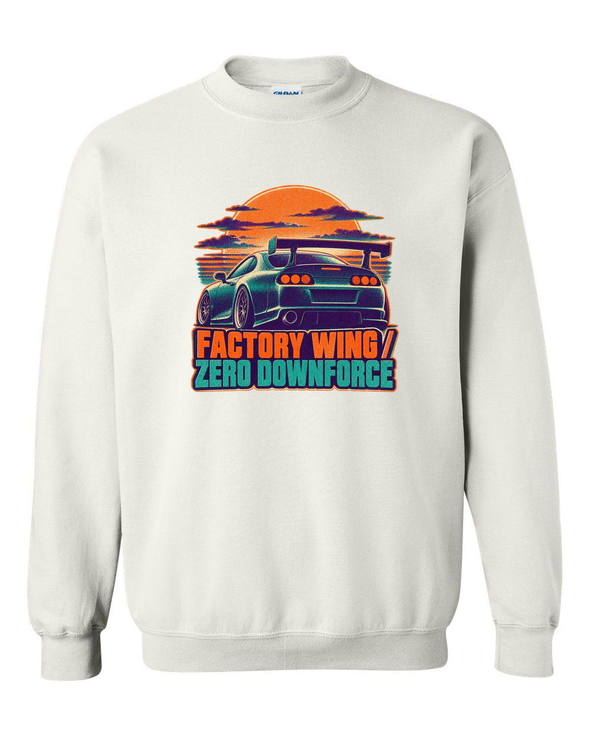 Risograph two-colour dusk print of a Toyota Supra A80 JZA80 with factory wing zero downforce text white crewneck front view with the design