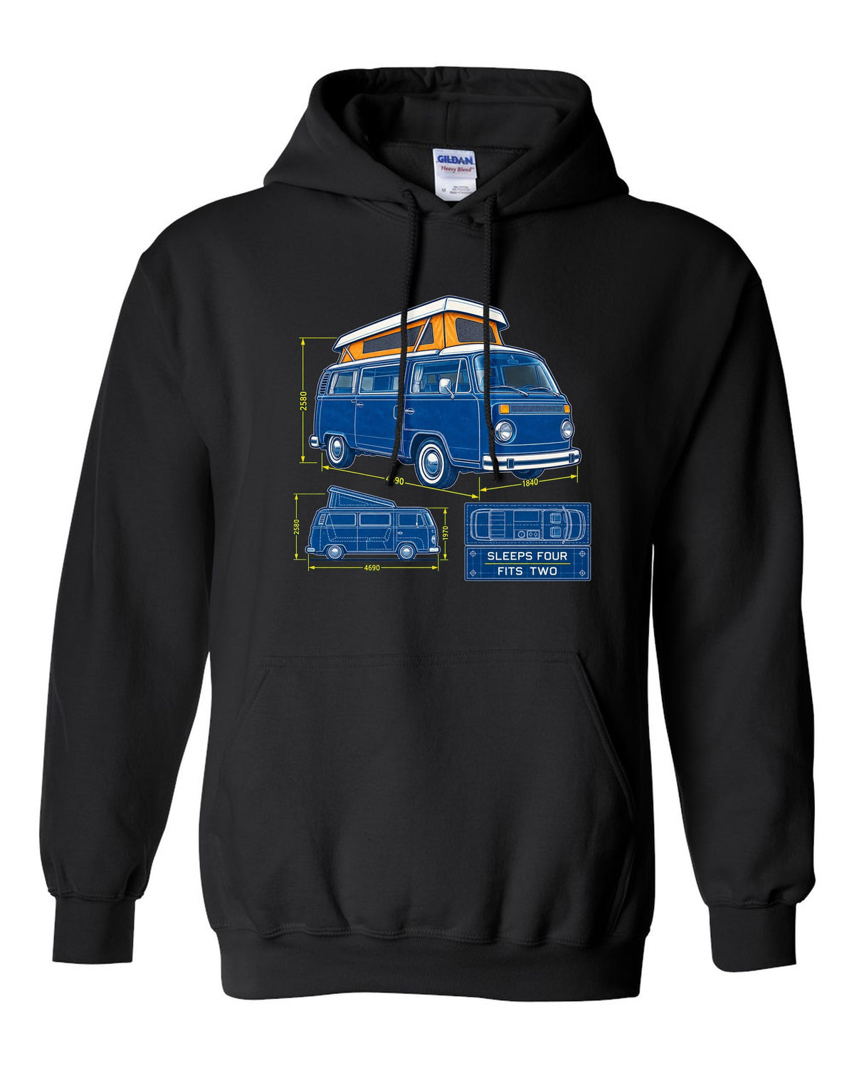 Cyanotype negative blueprint of a VW Bay Window T2 camper with sleeps four fits two text black pull over hoodie front view with the design