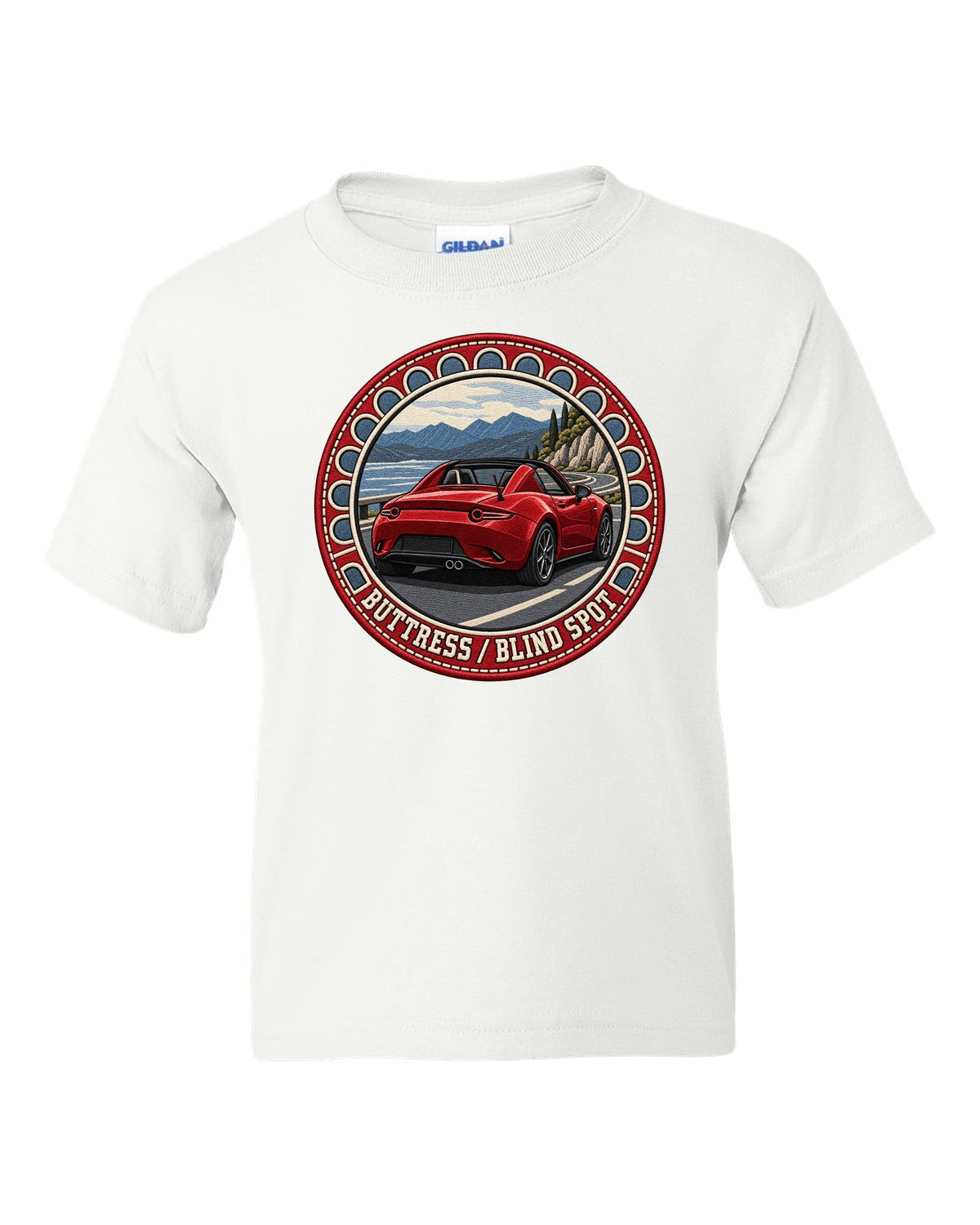 Embroidery-style roundel crest of a Mazda MX-5 ND RF fastback with blind spot text white kids tee front view with the design