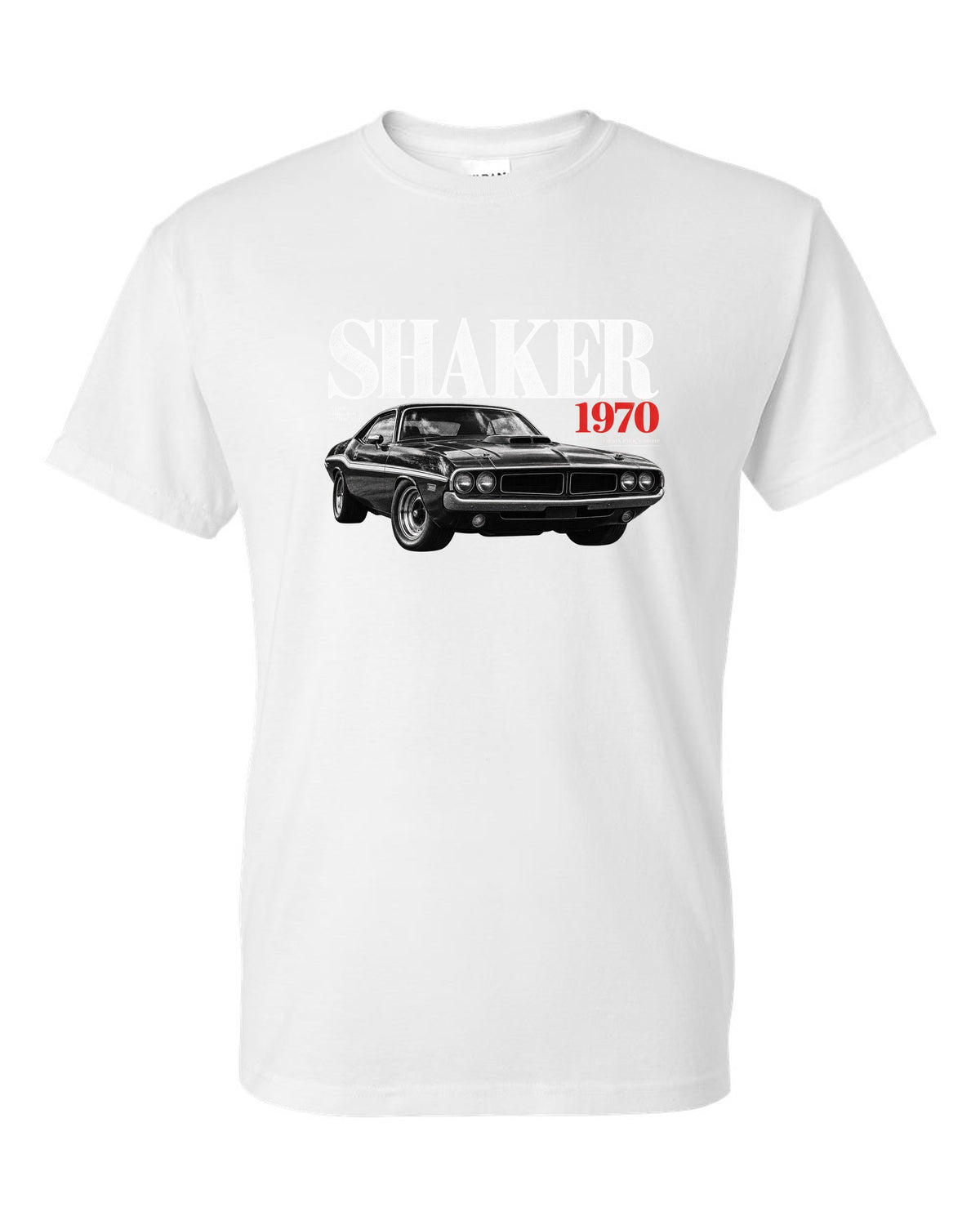 Editorial headline print of a 1970 Dodge Challenger R/T Shaker with 440 Six Pack text white t-shirt front view with the design