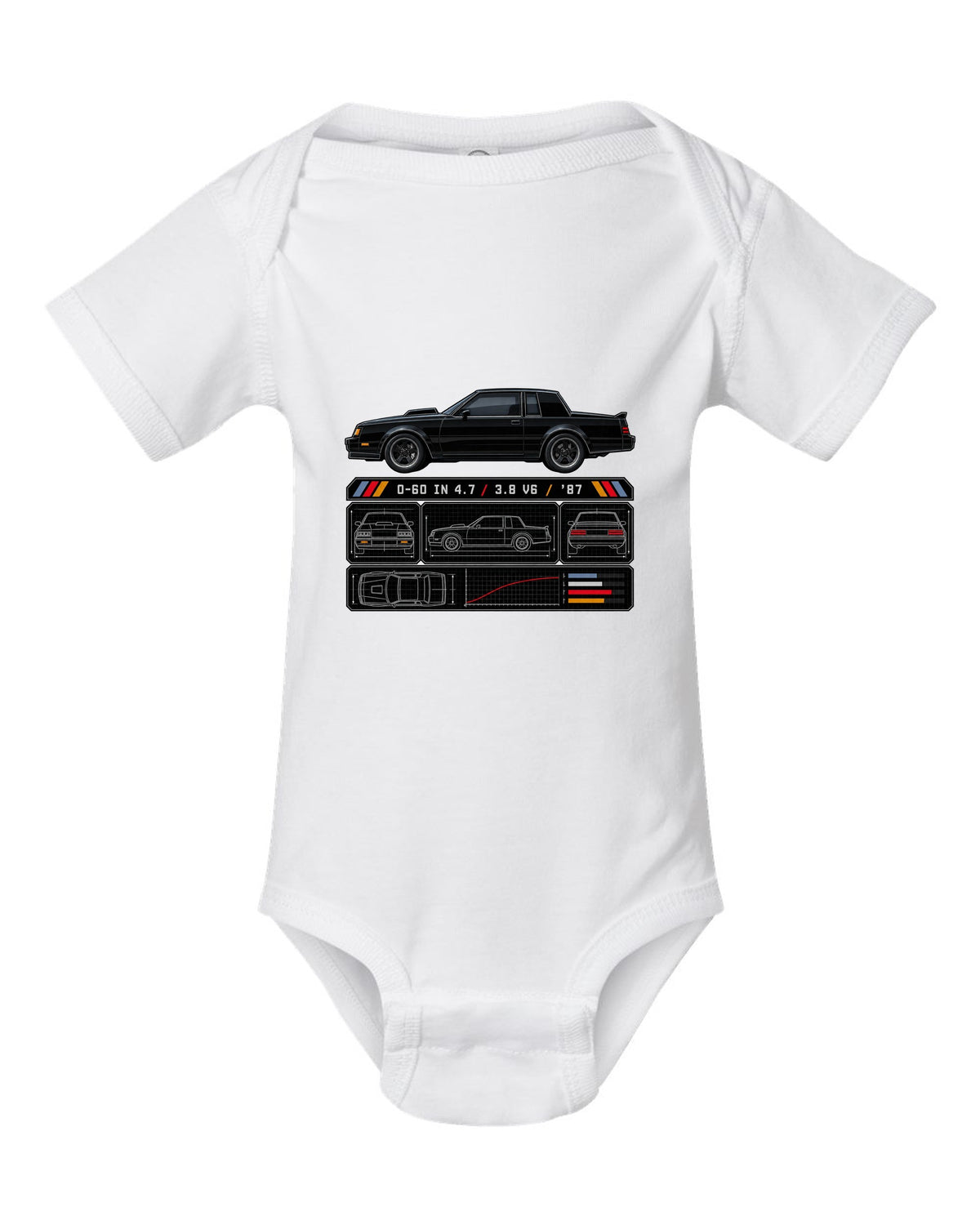 Spec-sheet print for a 1987 Buick Grand National with the text 0-60 in 4.7, 3.8 V6, '87 white baby onesie front view with the design
