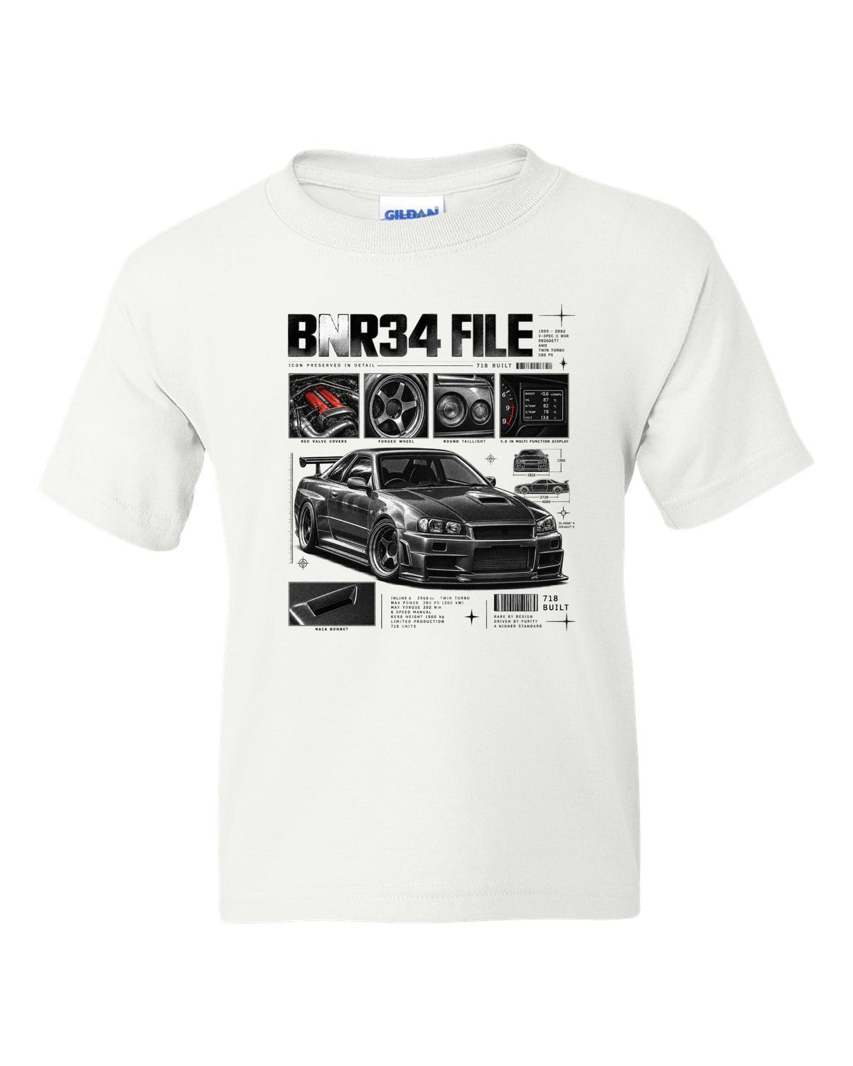 Dossier panel print of a Nissan Skyline GT-R R34 V-Spec II Nur with 718 built text white kids tee front view with the design