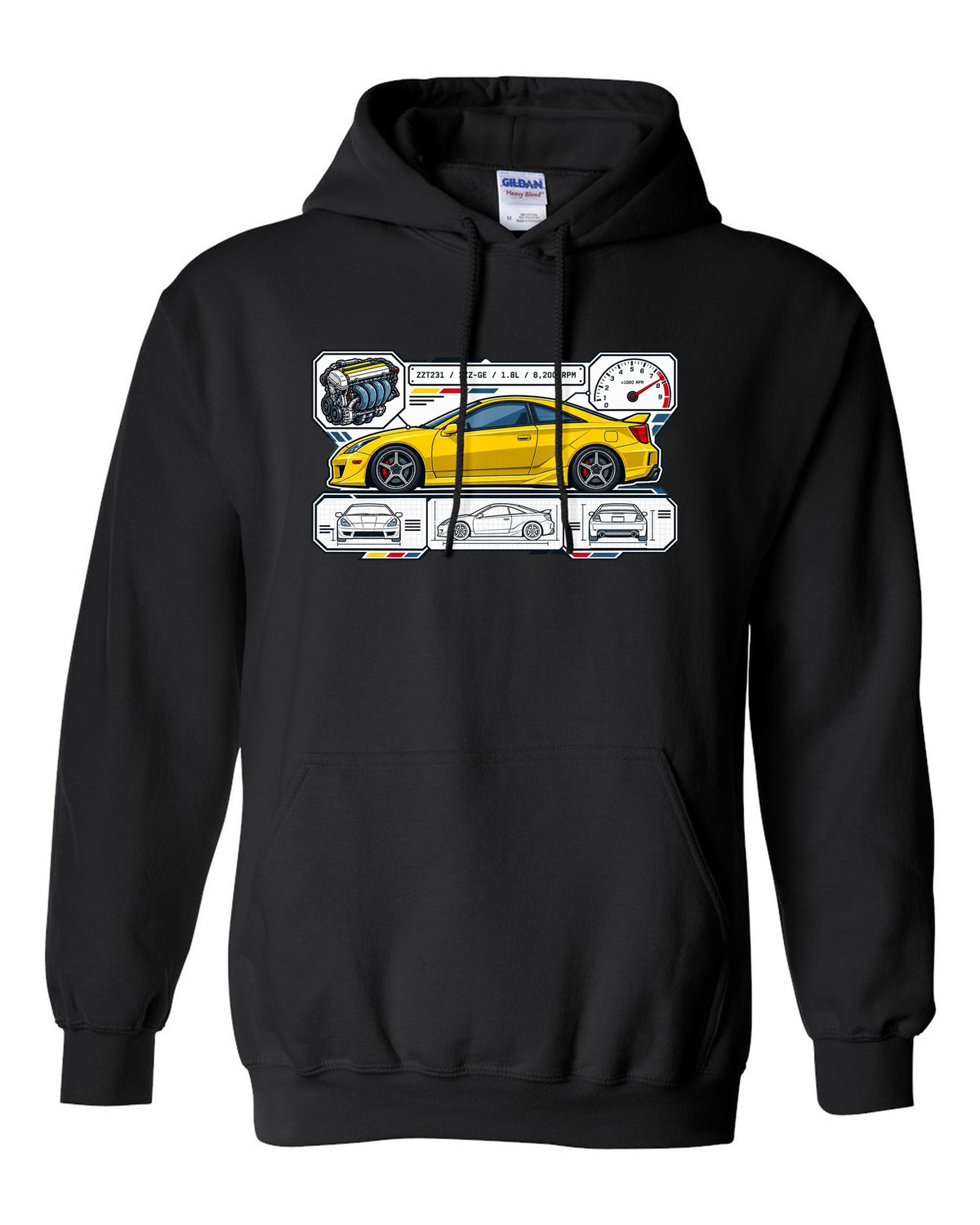 Spec sheet data plate for a Toyota Celica ZZT231 listing 2ZZ-GE, 1.8L and 8,200 RPM black pull over hoodie front view with the design