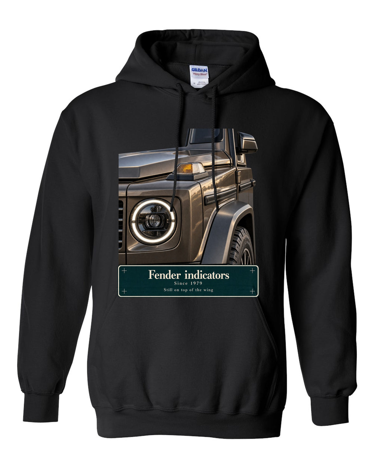 Round fender lamp macro print of a Mercedes-AMG G63 W463A black pull over hoodie front view with the design
