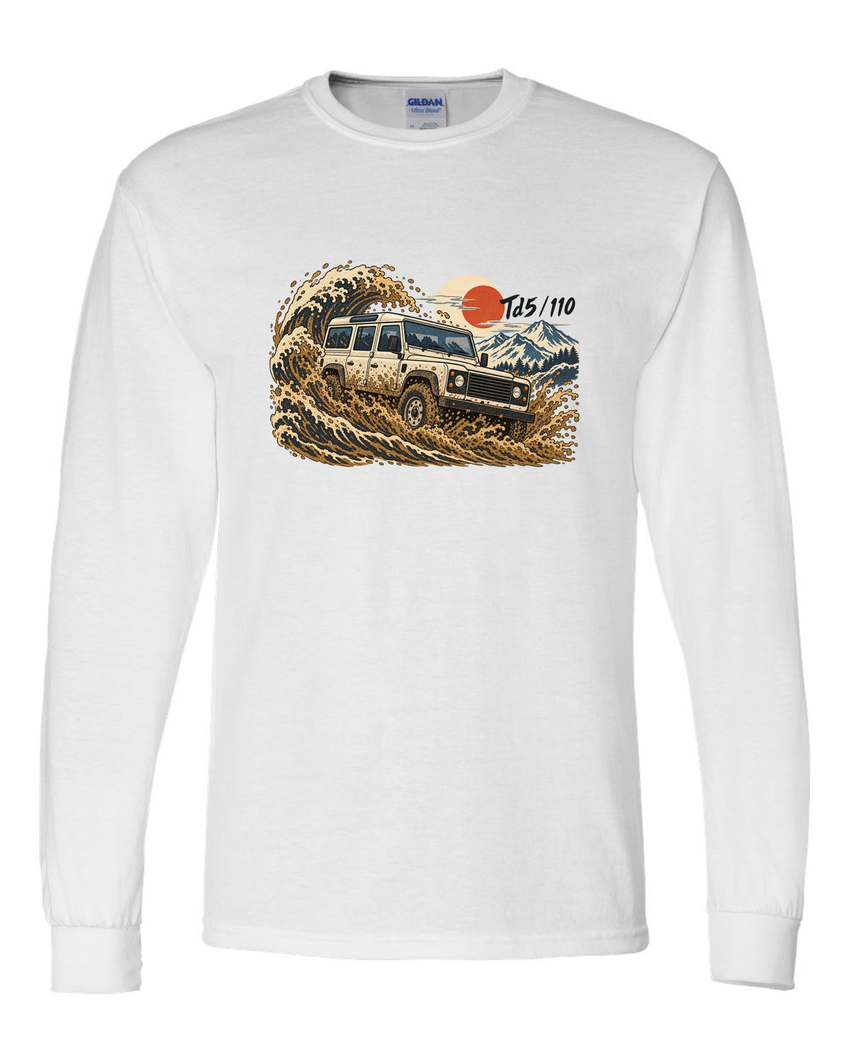 Ukiyo-e woodblock print of a Land Rover Defender 110 Td5 driving through a wave of mud white long sleeve front view with the design