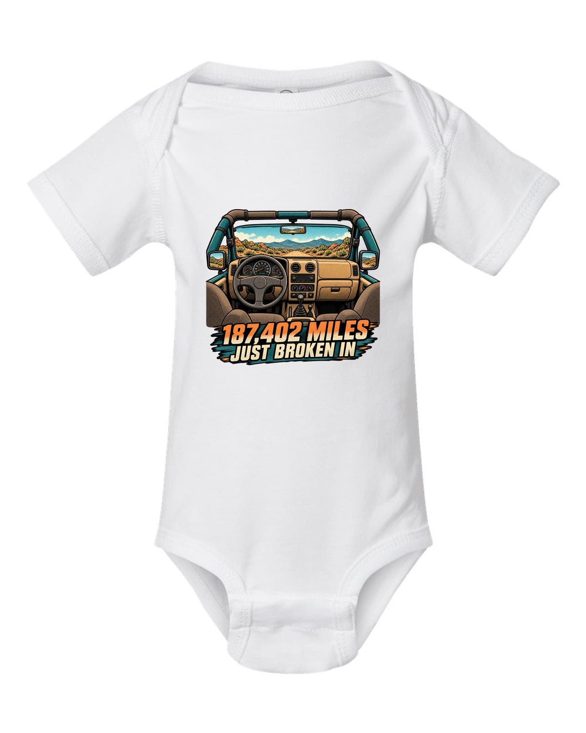 Halftone manga panel of a sun-faded Jeep Wrangler TJ dashboard with 187,402 MILES JUST BROKEN IN lettering white baby onesie front view with the design