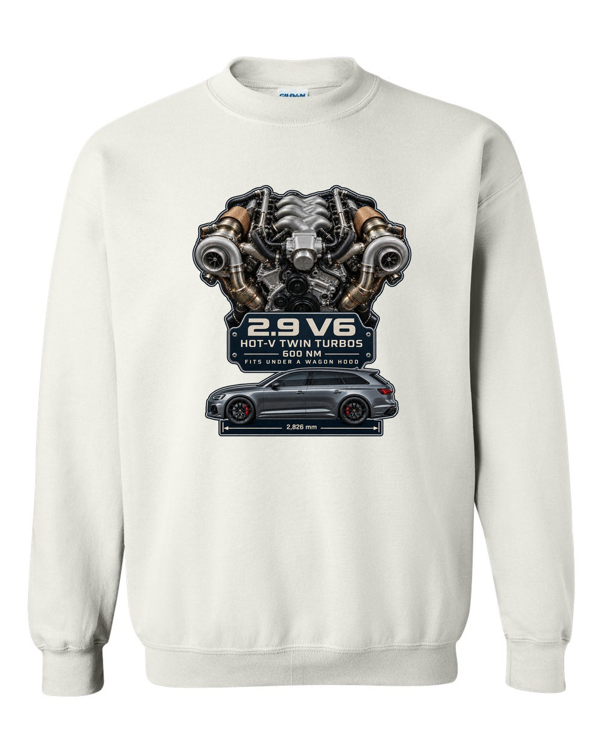 Audi RS4 B9 2.9 TFSI hot-V twin-turbo V6 engine graphic print white crewneck front view with the design