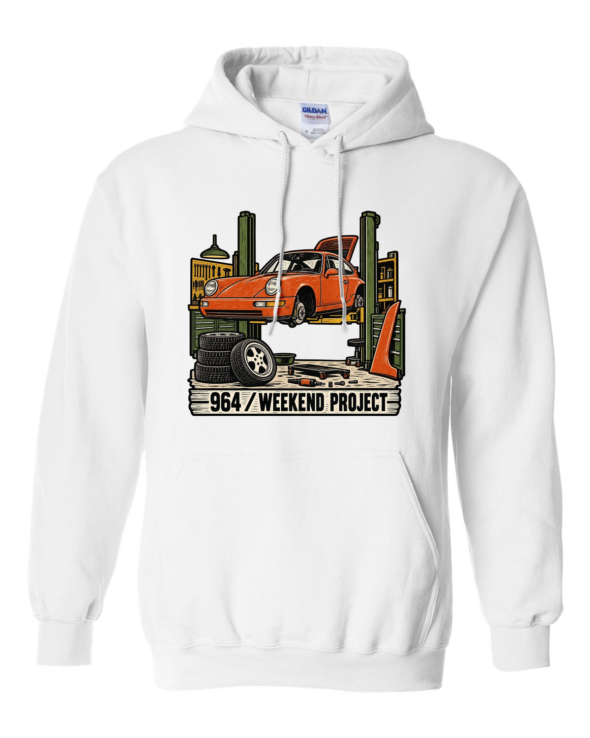 Linocut-style print of a Porsche 911 964 outlaw build with the text 964 Weekend Project white pull over hoodie front view with the design