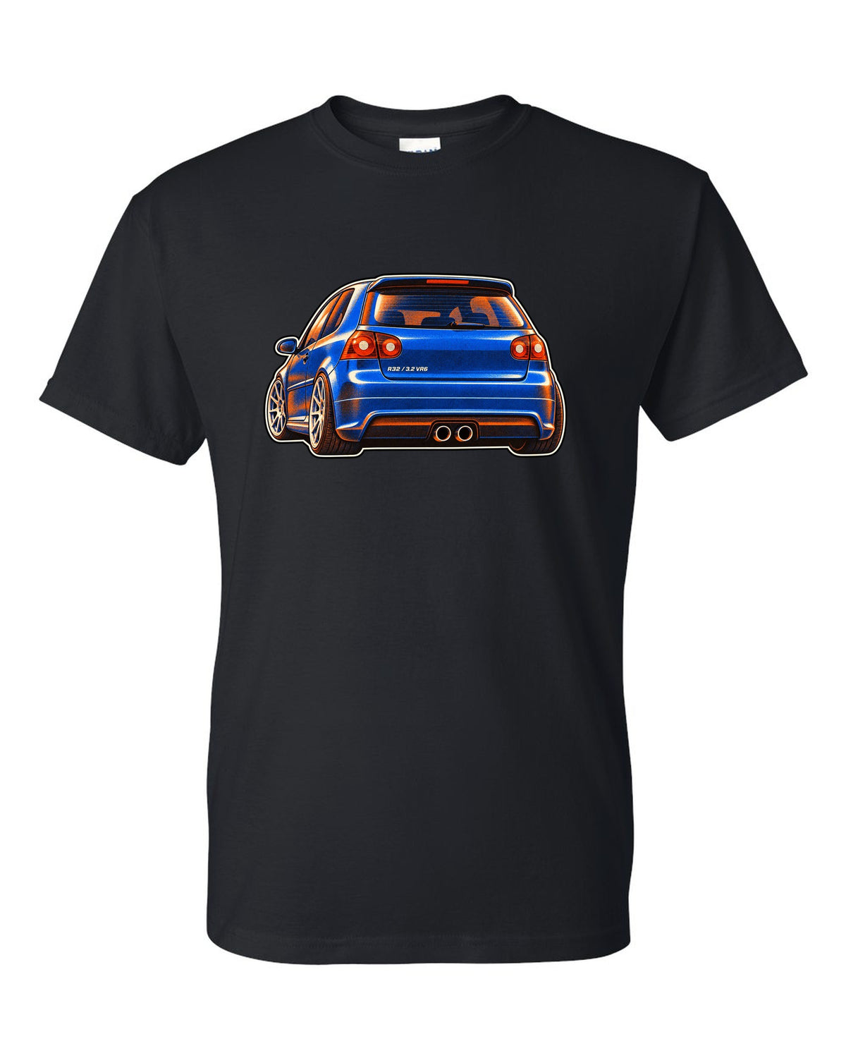 Risograph style print of a VW Golf R32 Mk5 with twin exhaust pipes and 3.2 VR6 text black t-shirt front view with the design