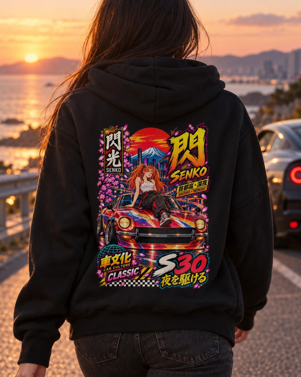 SENKO S30 Anime Girl Full-Back Graphic Tee Pull Over Hoodie Black worn hero