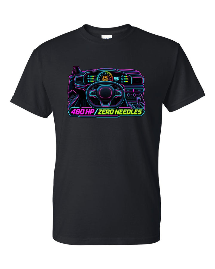 Neon gauge-cluster HUD print of a Ford Mustang S650 GT 2024 with 480 HP text black t-shirt front view with the design