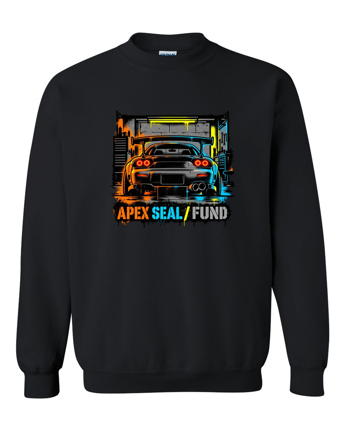 Stencil spray street art print of a Mazda RX-7 FD3S with the text Apex Seal Fund black crewneck front view with the design