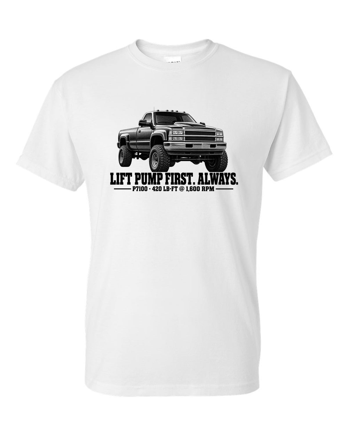 Halftone print of a 1994-98 Ram 2500 12V with lift pump advice and P7100 torque figures white t-shirt front view with the design