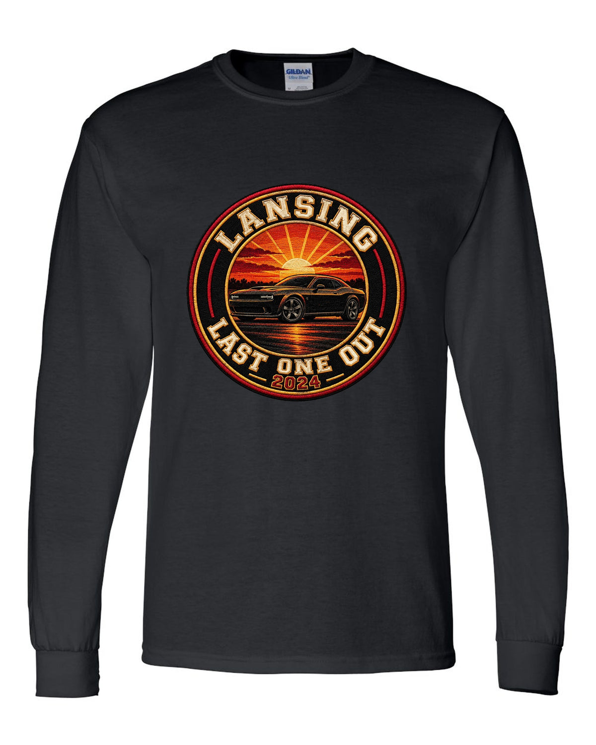 2023 Chevrolet Camaro varsity crest print reading Lansing Last One Out 2024 black long sleeve front view with the design