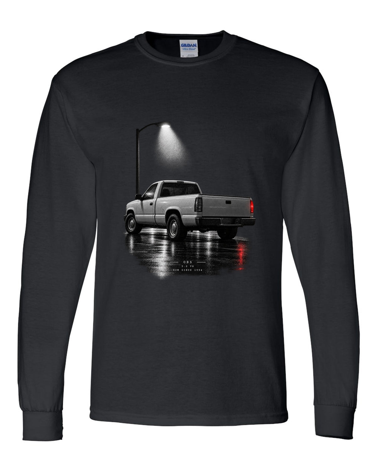 Night garage print of a 1992-97 Ford F-150 OBS truck with 5.0 V8 lettering black long sleeve front view with the design