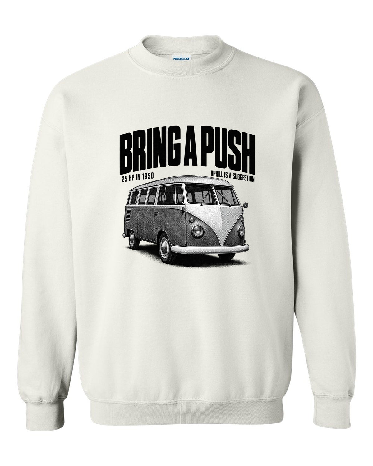 Halftone print of a VW T1 split-window microbus with bring a push text white crewneck front view with the design