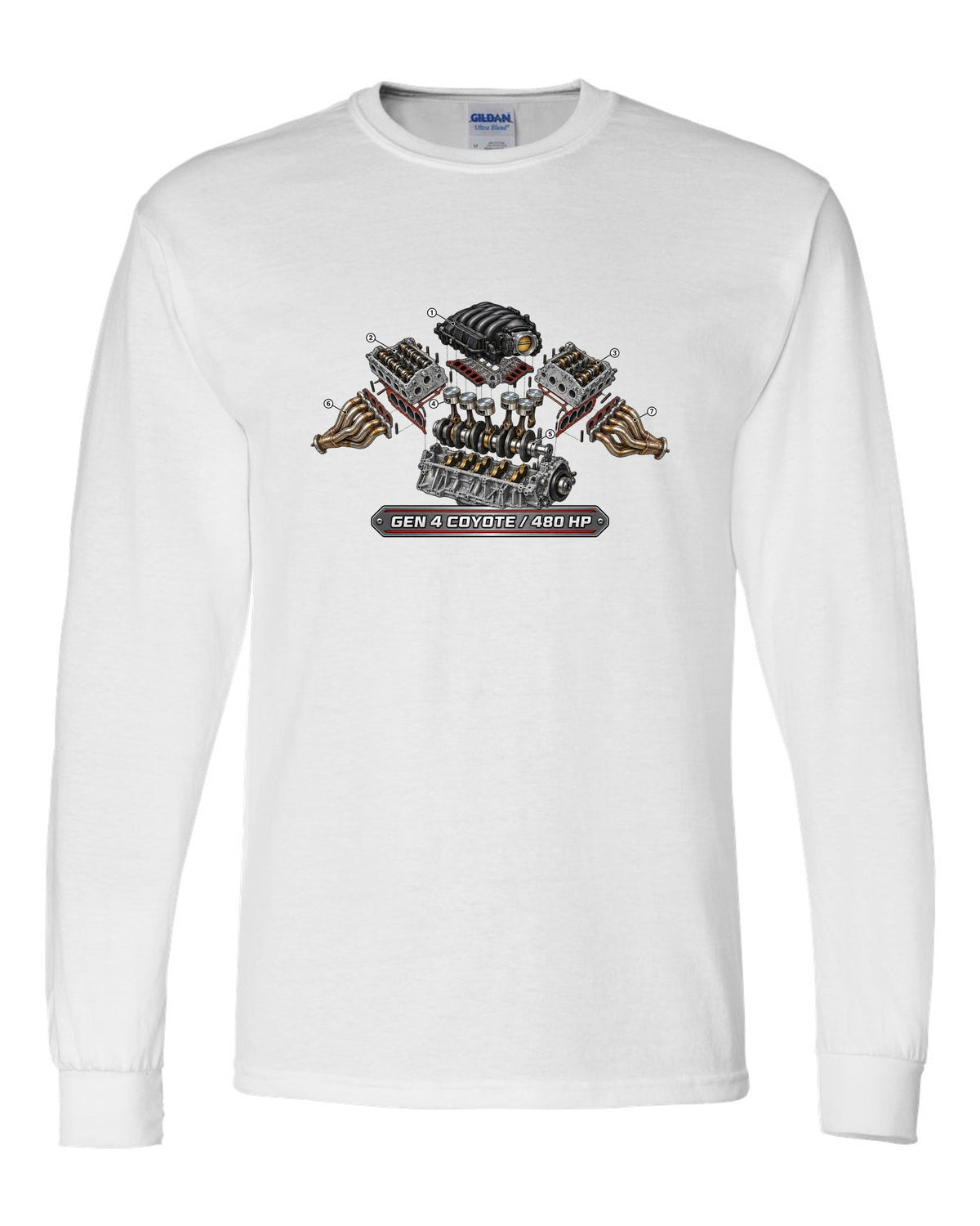 Isometric exploded cutaway engine print of a 2024 S650 Mustang 5.0 Gen 4 Coyote V8 white long sleeve front view with the design