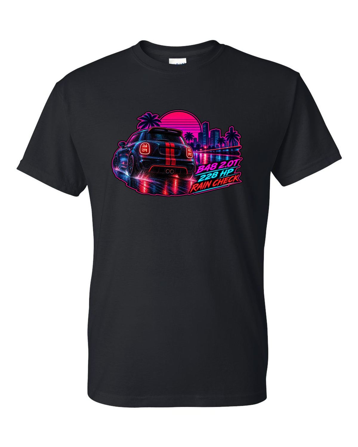 Synthwave print of a Mini JCW F56 rear with Union Jack tail lights and B48 228 HP text black t-shirt front view with the design