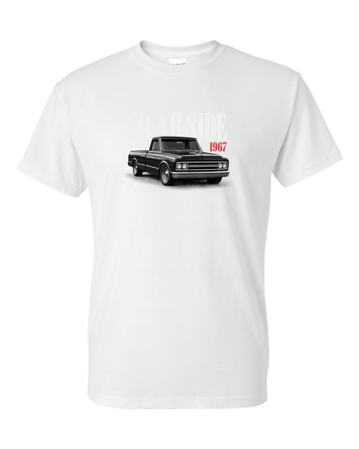 Editorial print of a 1967-72 Chevrolet C10 Action Line Fleetside with 283 V8 text white t-shirt front view with the design