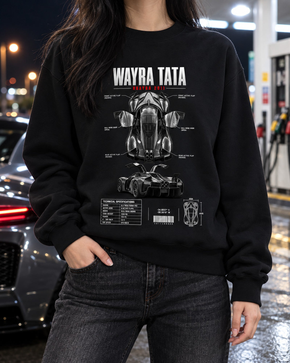 Pagani Huayra 2011 Wind Spec Poster Shirt, Hypercar Fan Gift Crewneck Black worn hero
