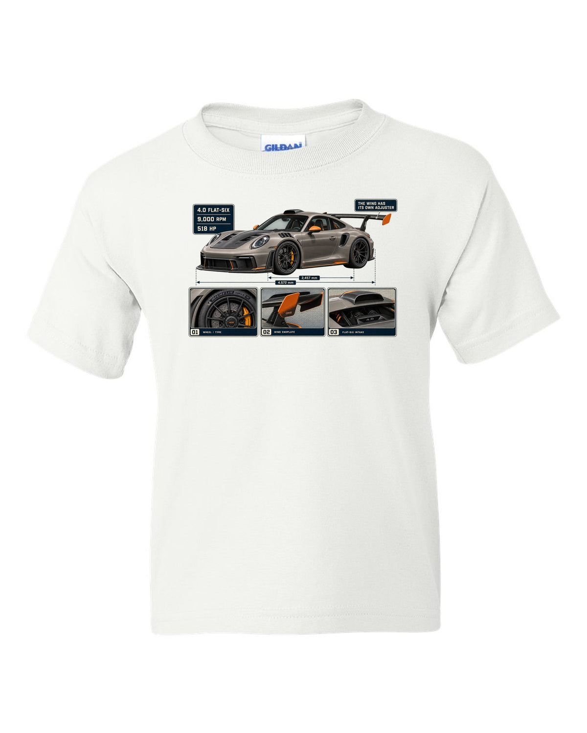 print dossier panels of a Porsche 911 GT3 RS 992 in warm grey with orange accents white kids tee front view with the design