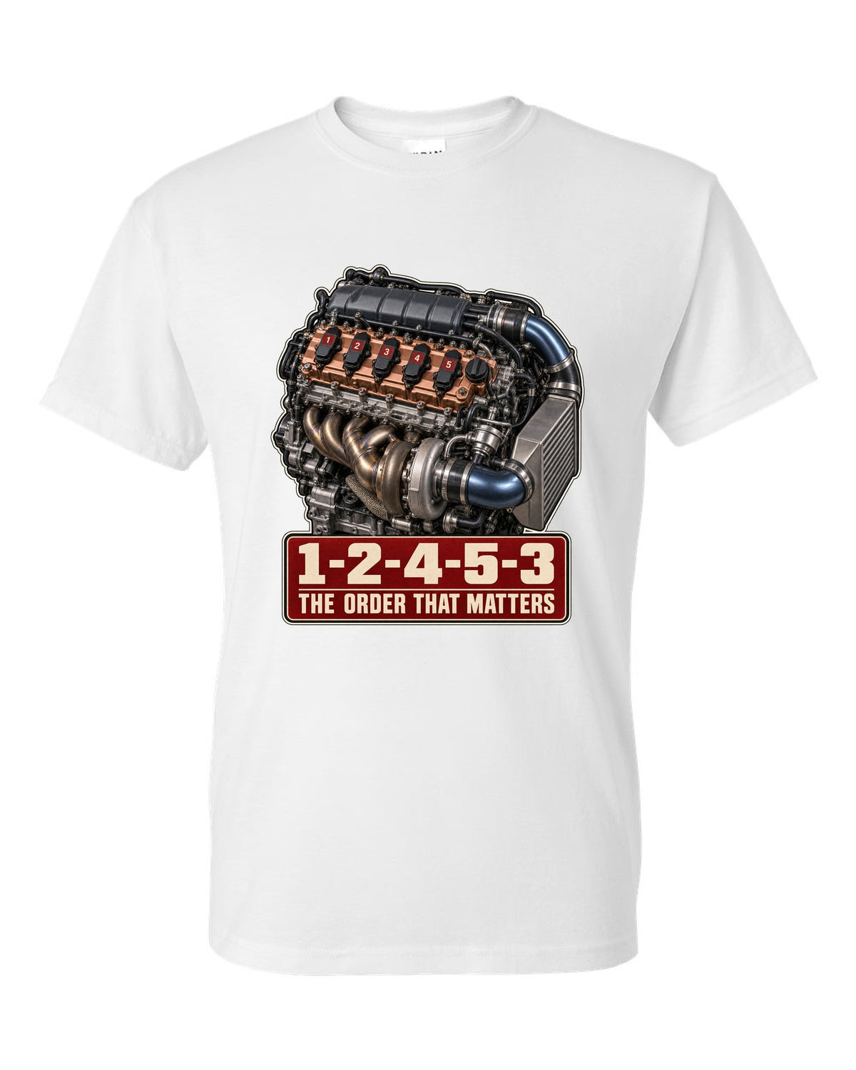 Audi TT RS 8S 2.5 TFSI five-cylinder engine poster with firing order white t-shirt front view with the design