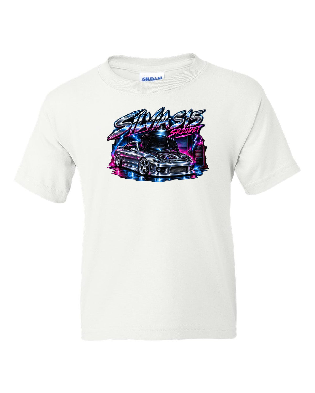 Airbrush chrome poster print of a Nissan Silvia S15 with SR20DET lettering white kids tee front view with the design
