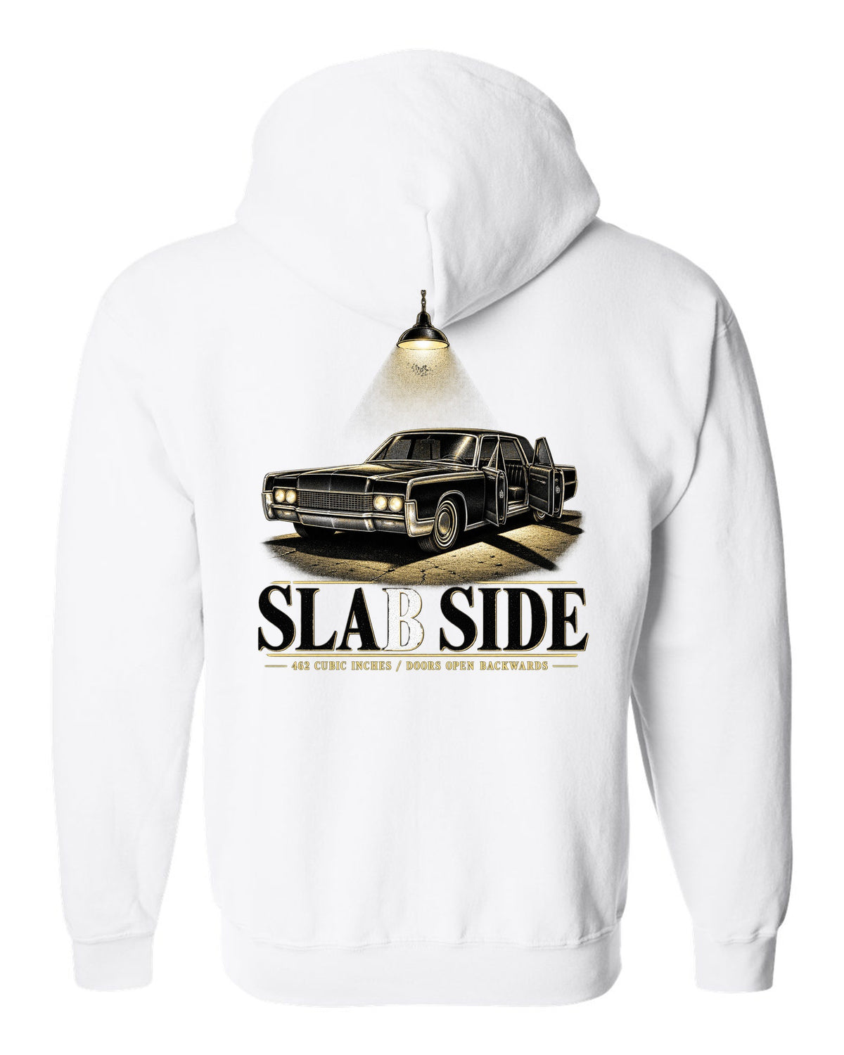 print of a 1966 Lincoln Continental fourth generation parked in a night garage white zip hoodie back view with the design