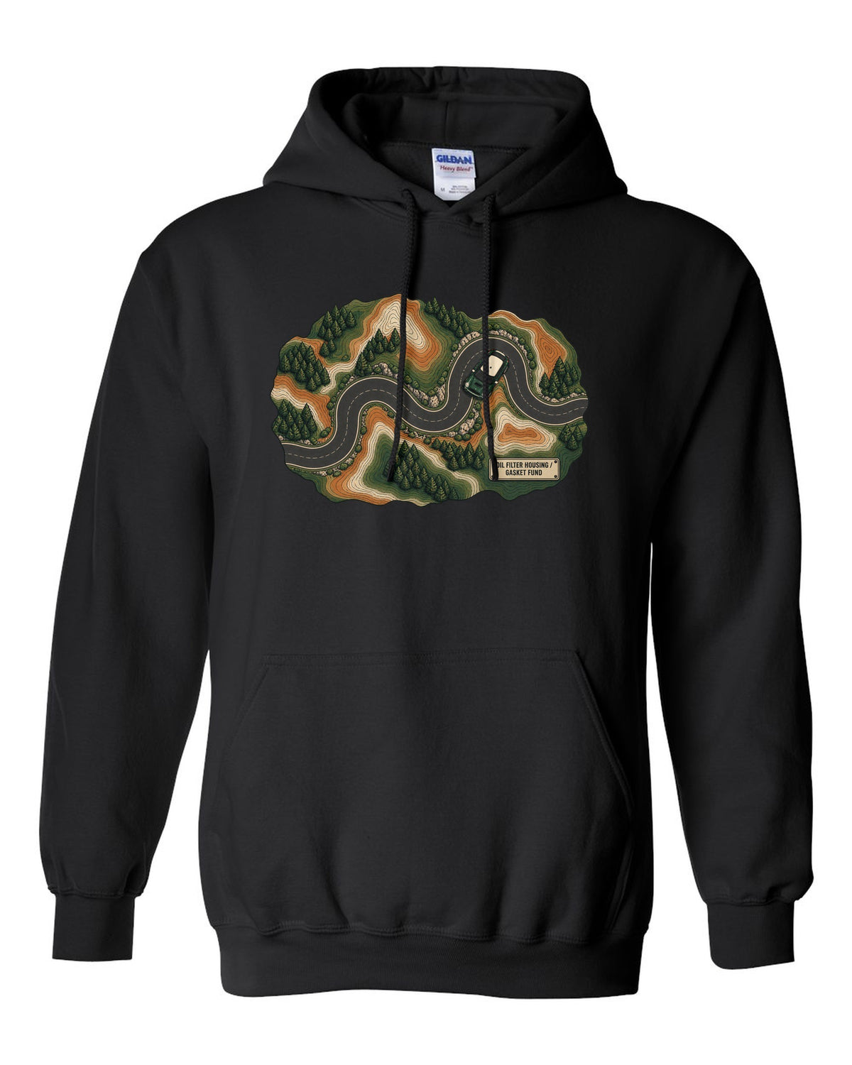 Topographic route map design of a Mini Cooper S R56 with gasket fund text black pull over hoodie front view with the design