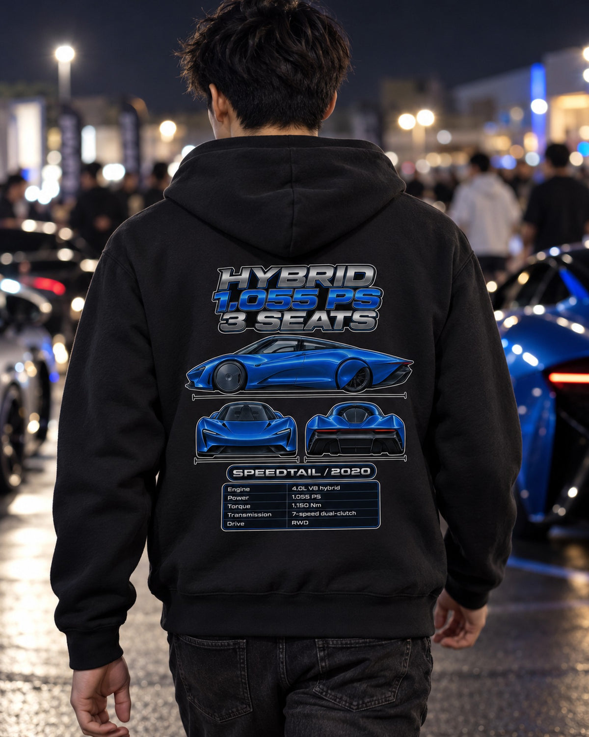McLaren Speedtail Spec Sheet Full-Back Graphic Tee Zip Hoodie Black worn hero