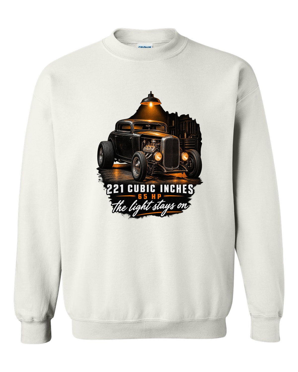 Garage night print of a 1932 Ford Deuce three-window coupe with flathead V8 specs white crewneck front view with the design